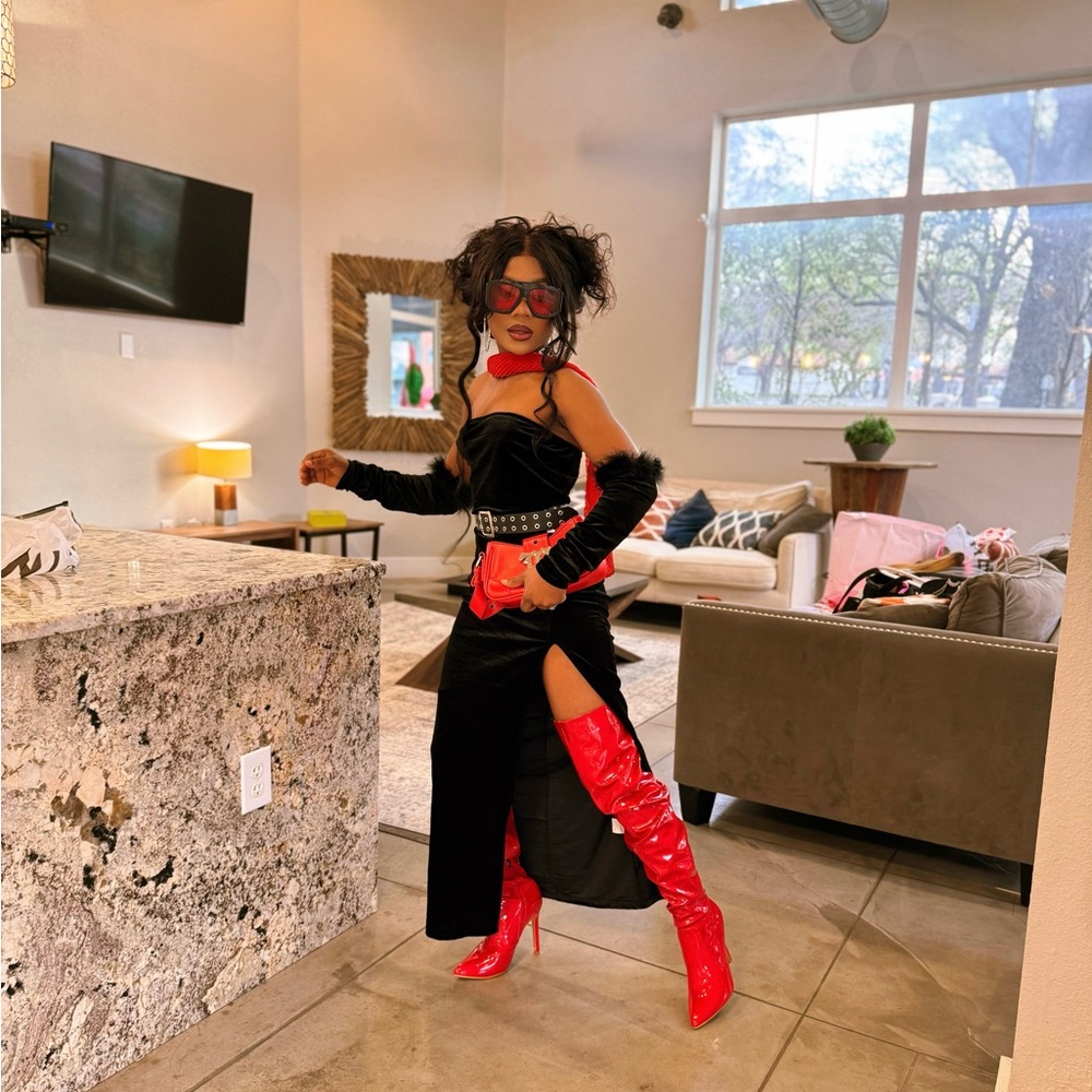 Strapless Velvet Evening Dress in Black with Red Accents